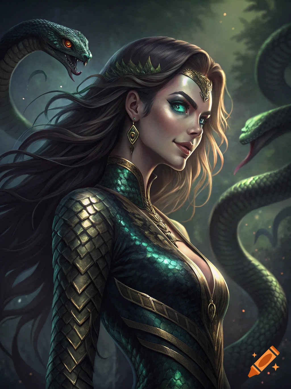Portrait of a villainous woman with glowing green eyes and scaly outfit, surrounded by snakes in a dark fantasy forest.