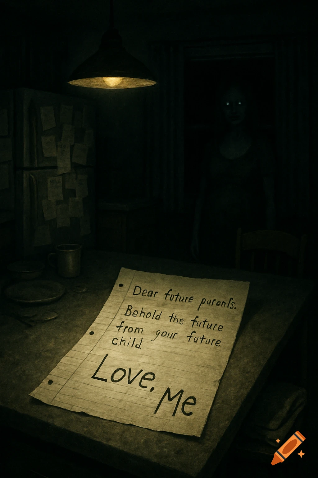 Creepy dimly lit kitchen at night with a note on the counter and a figure with glowing eyes in the background.