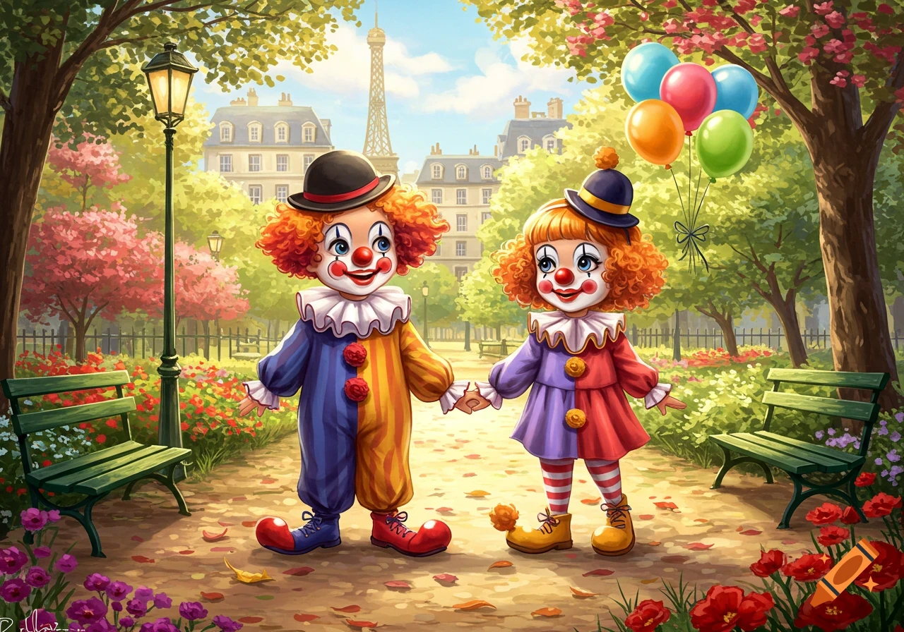 Two cute clowns holding hands in a park in Paris with the Eiffel Tower in the background, illustration.