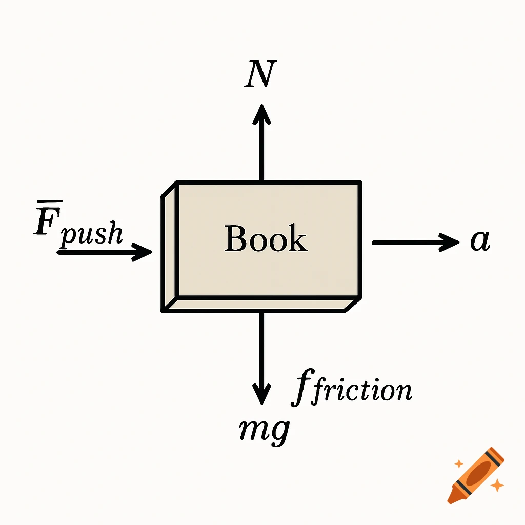 A free body diagram shows a book with arrows indicating forces: Normal force (N) upwards, weight (mg) downwards, a push force (F_push) to the left, friction force (f_friction) to the right, and acceleration (a) to the right.