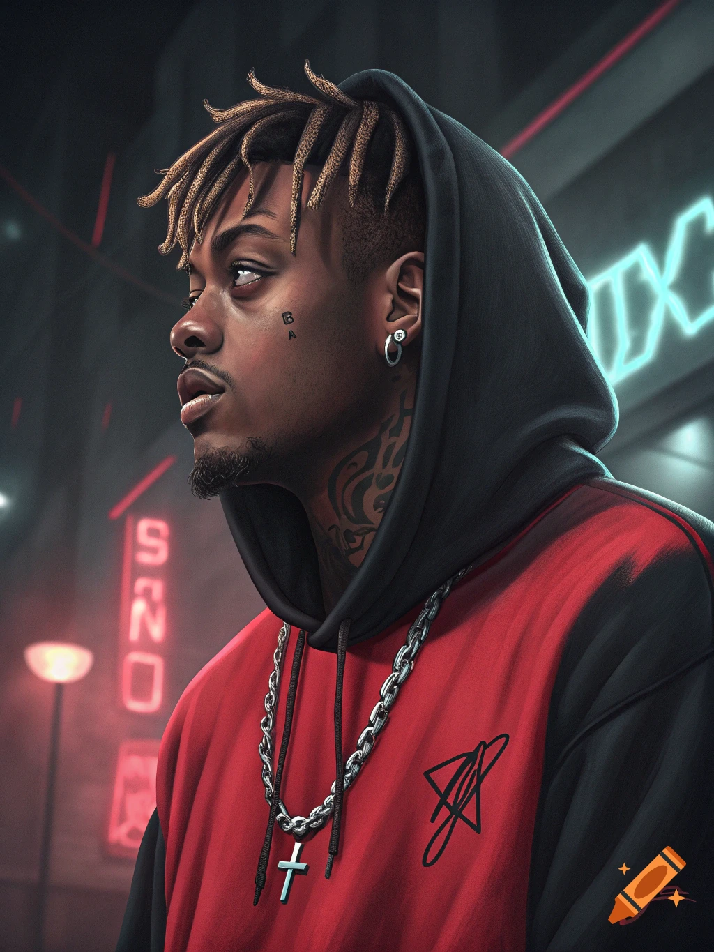 Stylized portrait of a man with dreadlocks wearing a hoodie and chain against a night street background with neon.