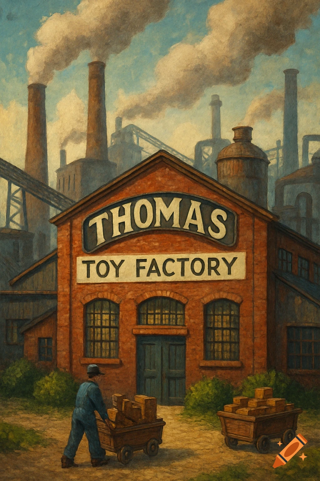 Painting of a worker pushing a cart outside the Thomas Toy Factory, with smoking chimneys in the background.