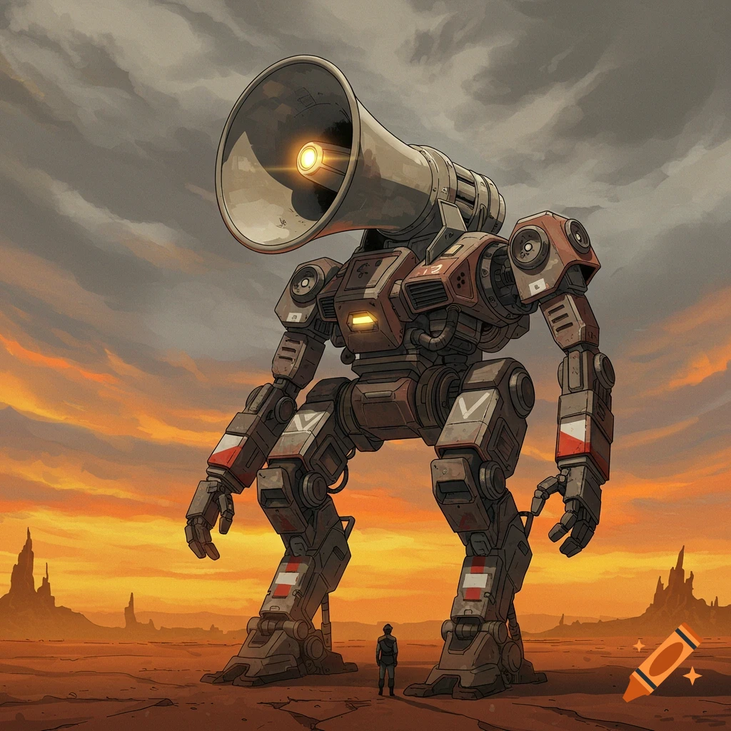 Large mech with a megaphone head stands over a person in a vast desert at sunset, illustration style.