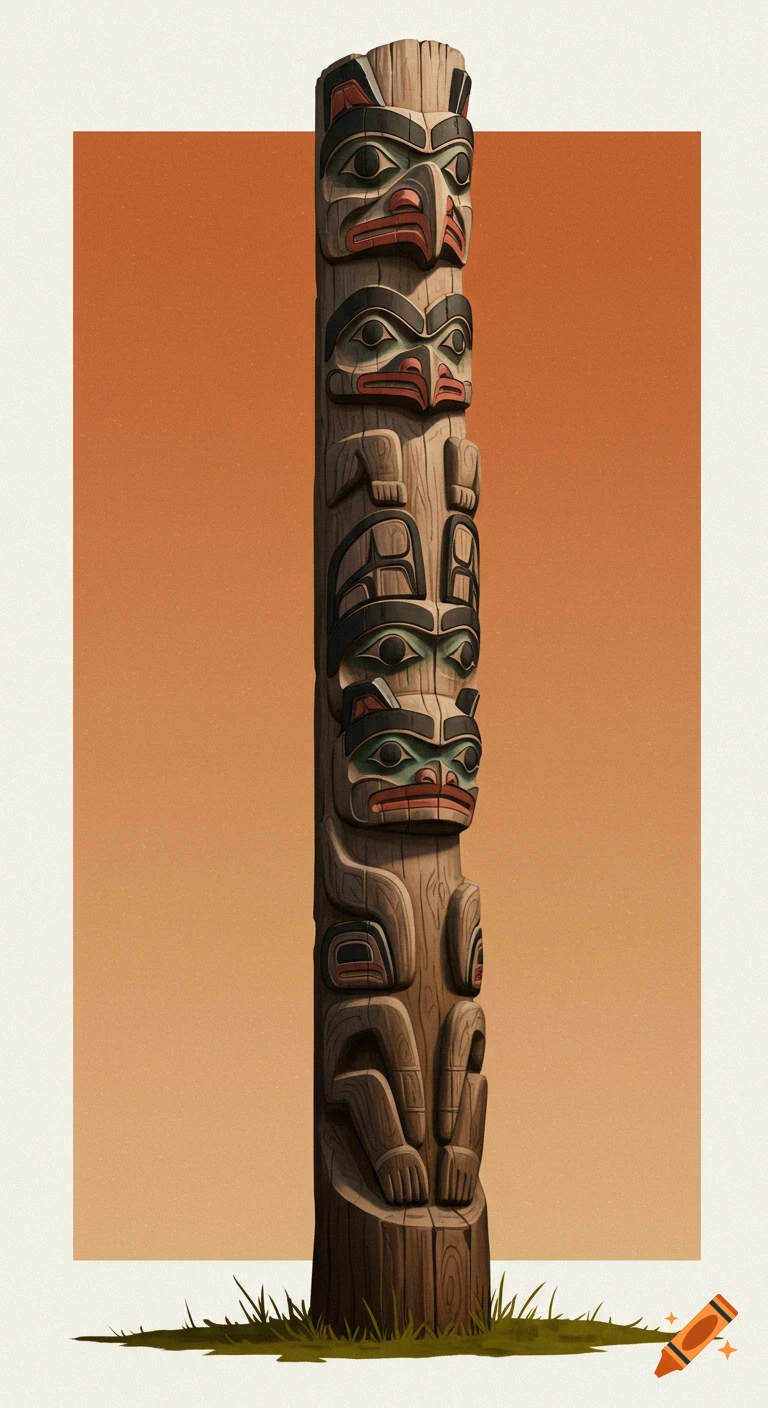 Carved wooden totem pole with stacked faces and figures against an orange and white background.