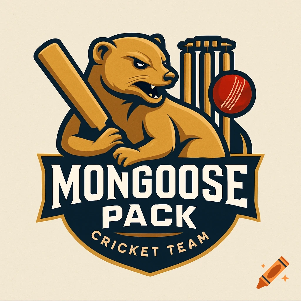 Logo of a stylized mongoose holding a cricket bat, with stumps and ball, text "MONGOOSE PACK CRICKET TEAM".