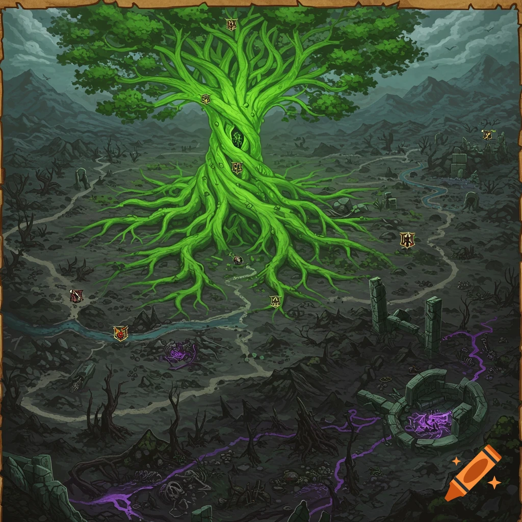Fantasy map of a large glowing green tree with spreading roots in a dark, necromancy-corrupted landscape with ruins.
