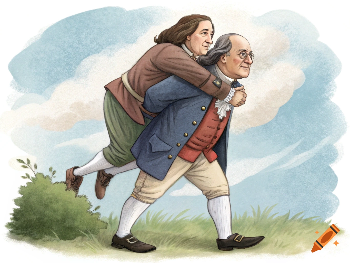 Illustration of Benjamin Franklin getting a piggyback ride from another person in historical clothing, outdoors
