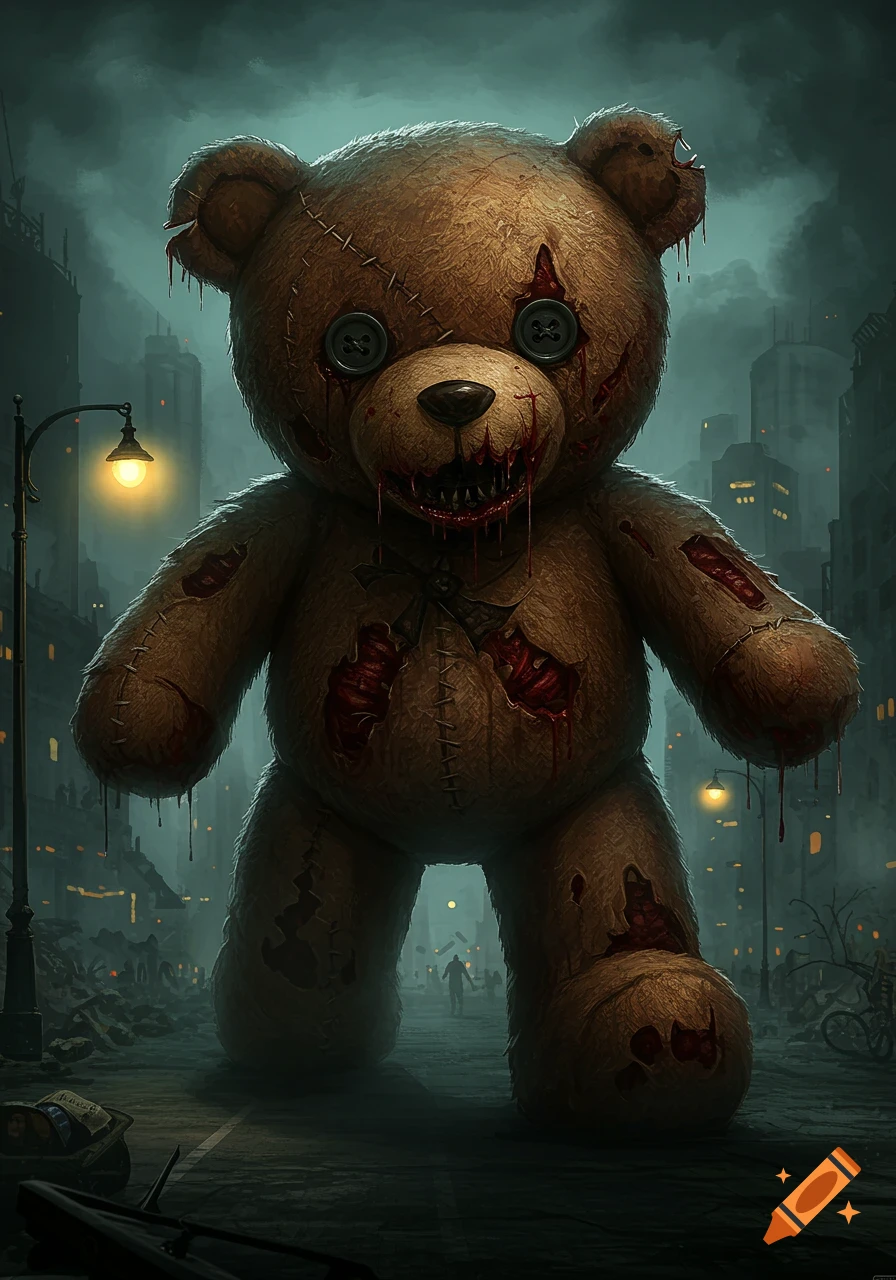 A giant, bloodied teddy bear with button eyes stands menacingly in a dark, damaged city street.