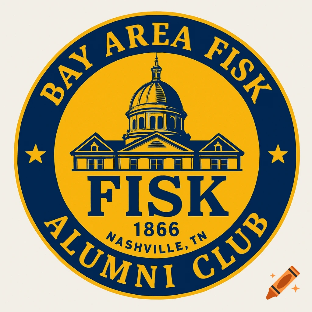 Blue and yellow circular logo for Bay Area Fisk Alumni Club with text and building illustration.