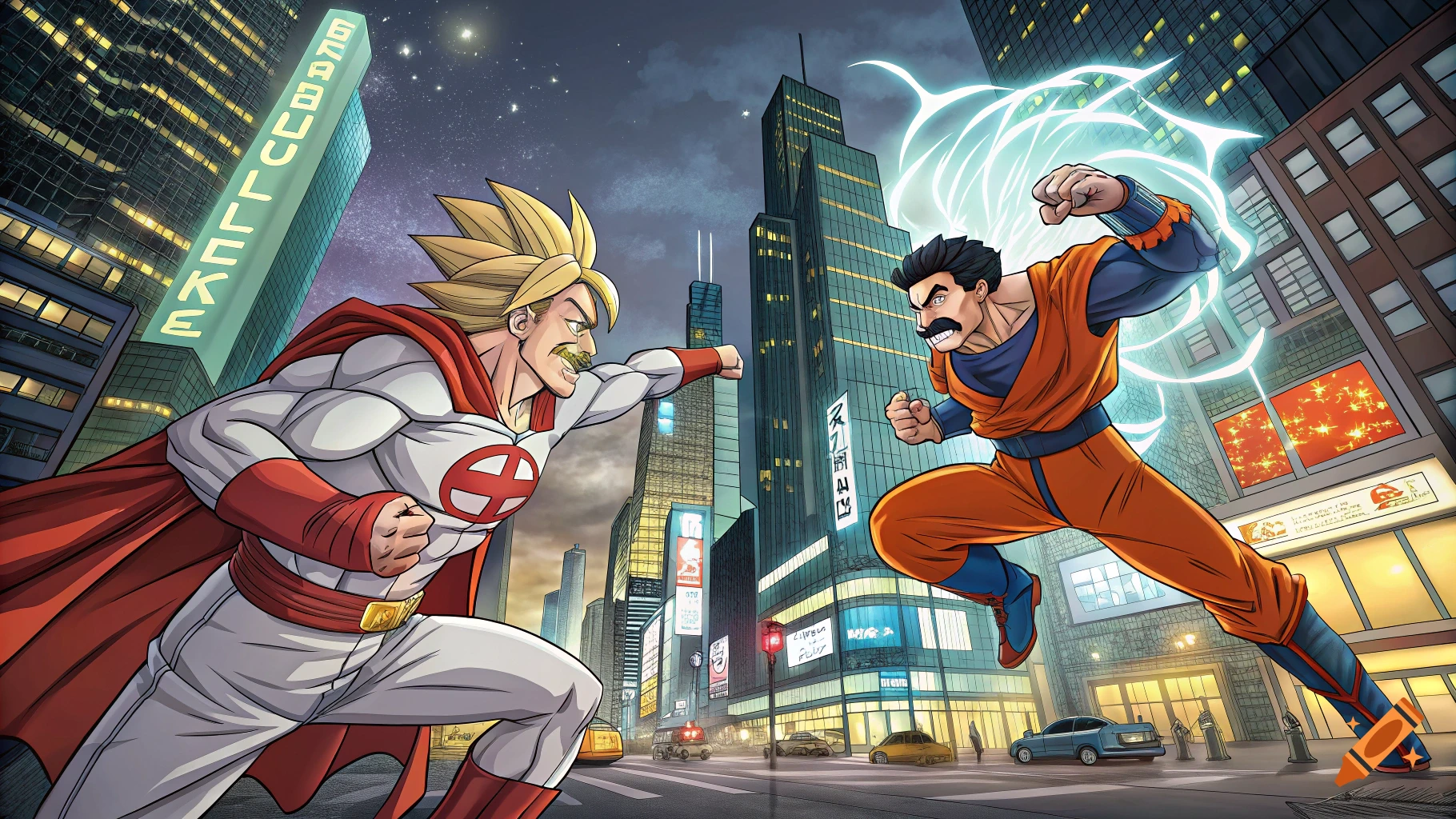 Two muscular characters resembling Omni-Man and Goku fight in a city street in a comic art style.