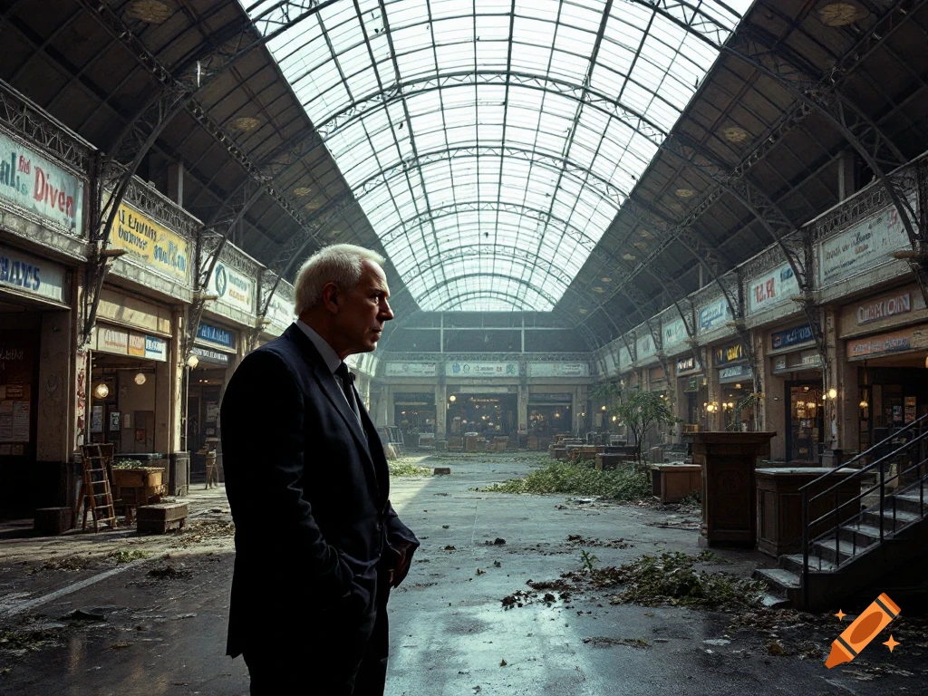 A man in a suit stands looking right in a large, dilapidated abandoned indoor space with a glass roof. Photorealistic style.
