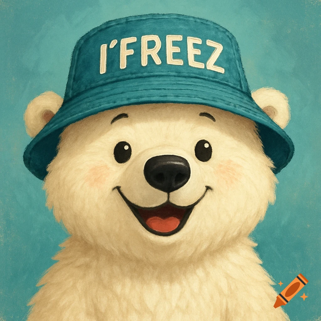 A cute cartoon polar bear wearing a blue bucket hat that says I'FREEZ