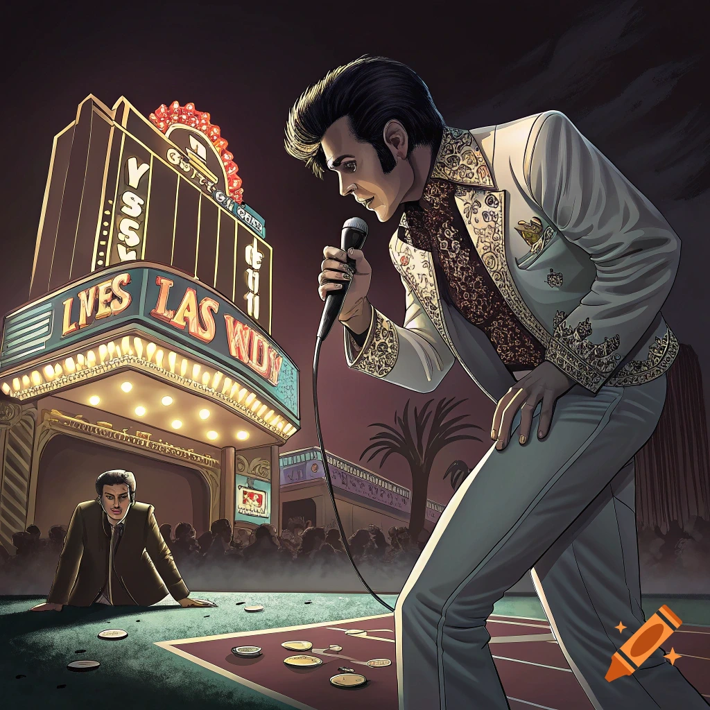 Illustrative style image of Elvis singing on stage in a Las Vegas casino, with another man on the floor in the foreground.