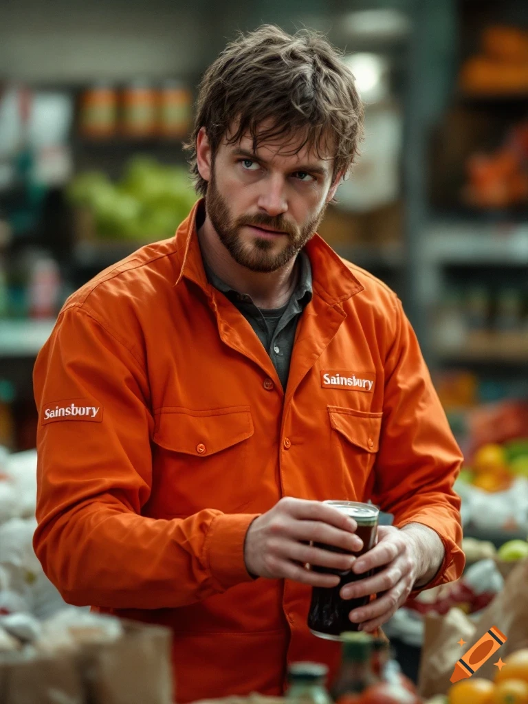 Man in orange Sainsbury uniform holds a glass in a store, photorealistic portrait.