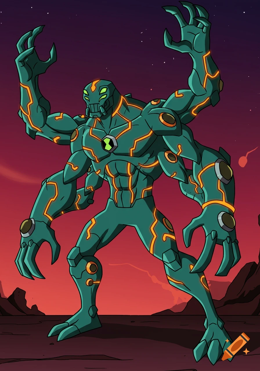 Cartoon alien creature with four arms, green body, orange glowing lines, and a Ben 10 Omnitrix symbol stands in a rocky landscape.