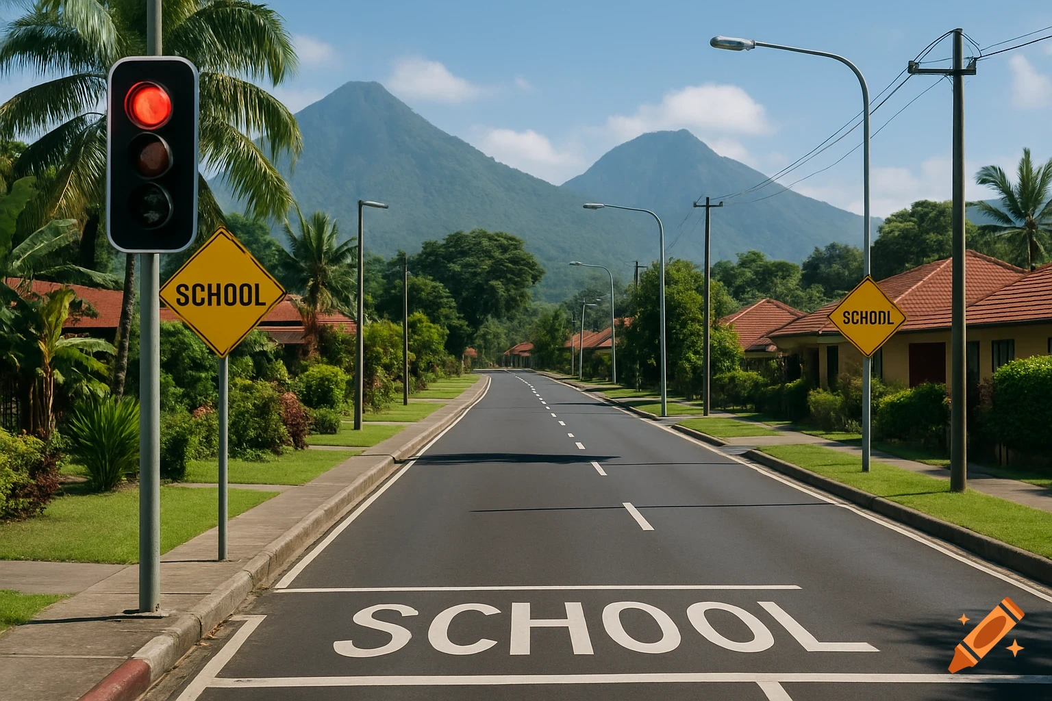 A suburban street with school signs, a traffic light, houses, and palm trees, leading towards mountains in the background.