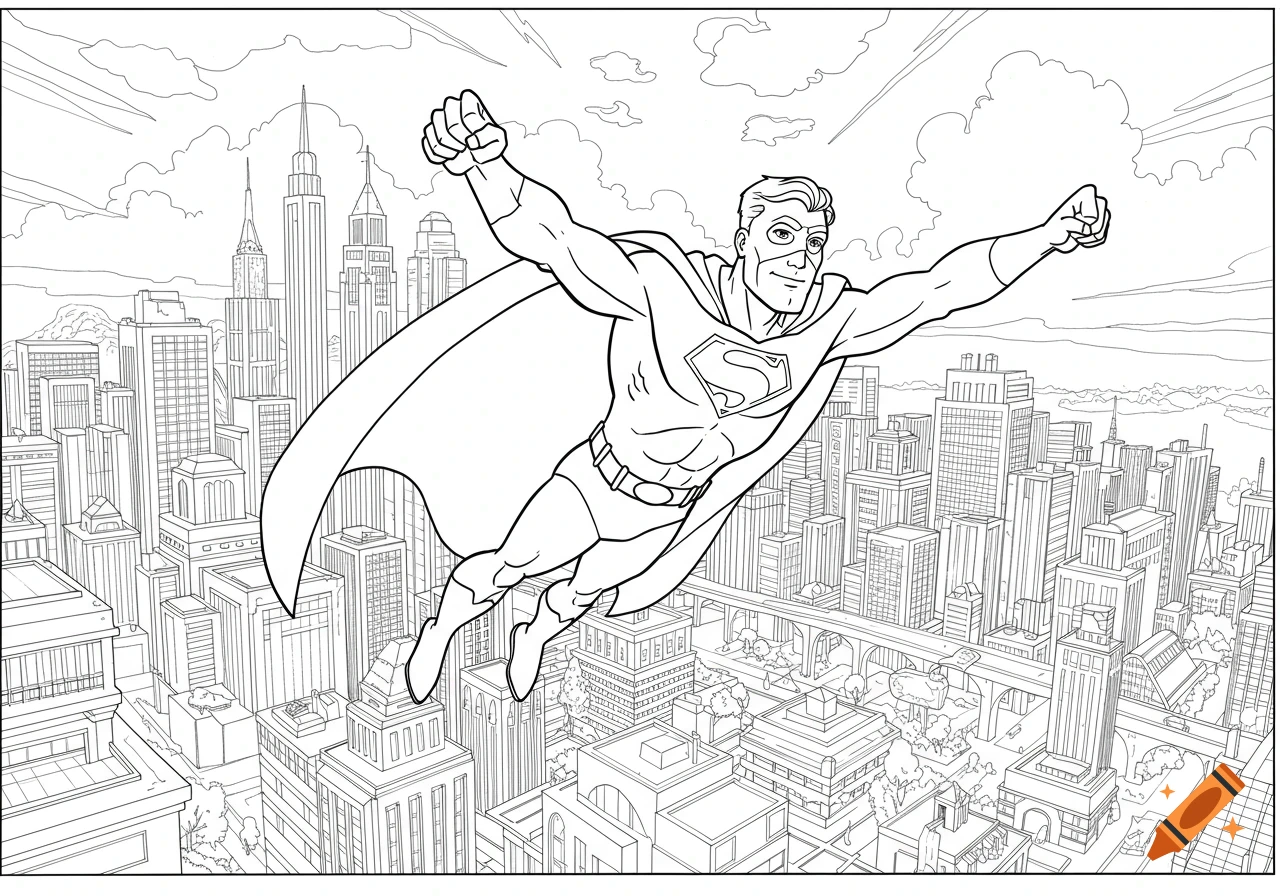 A superhero flies high above a city in a black and white coloring page illustration.