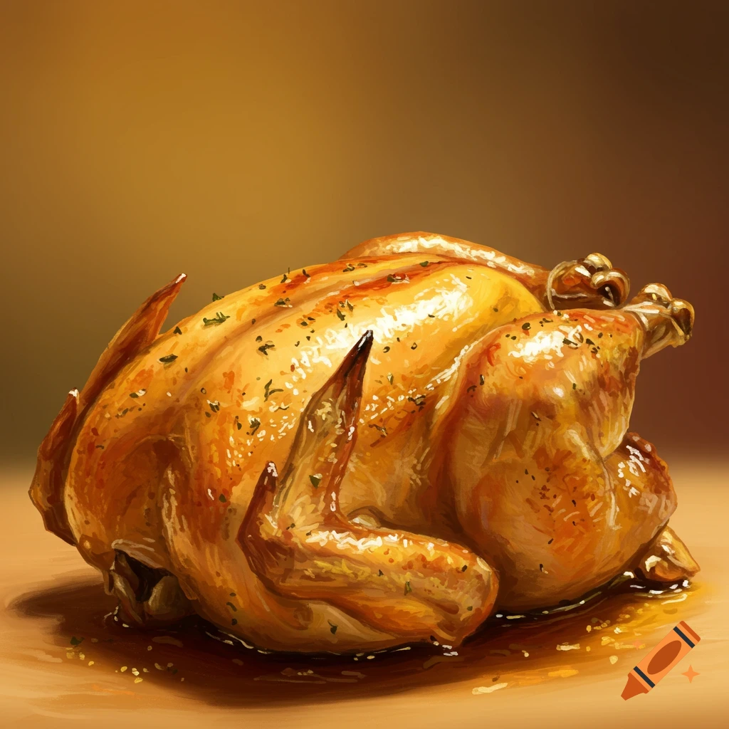 Roasted chicken on a surface in a painterly style.