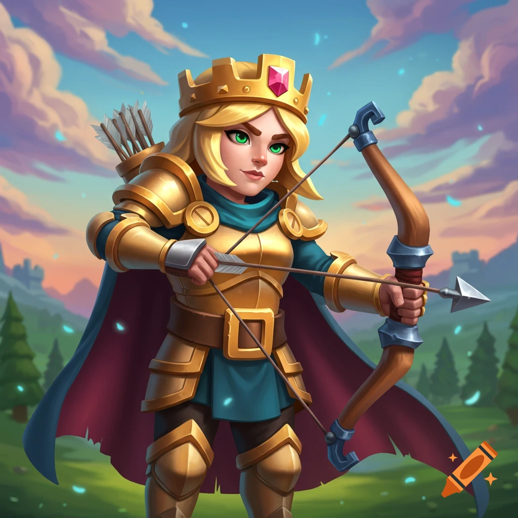 Stylized female archer queen in golden armor with bow