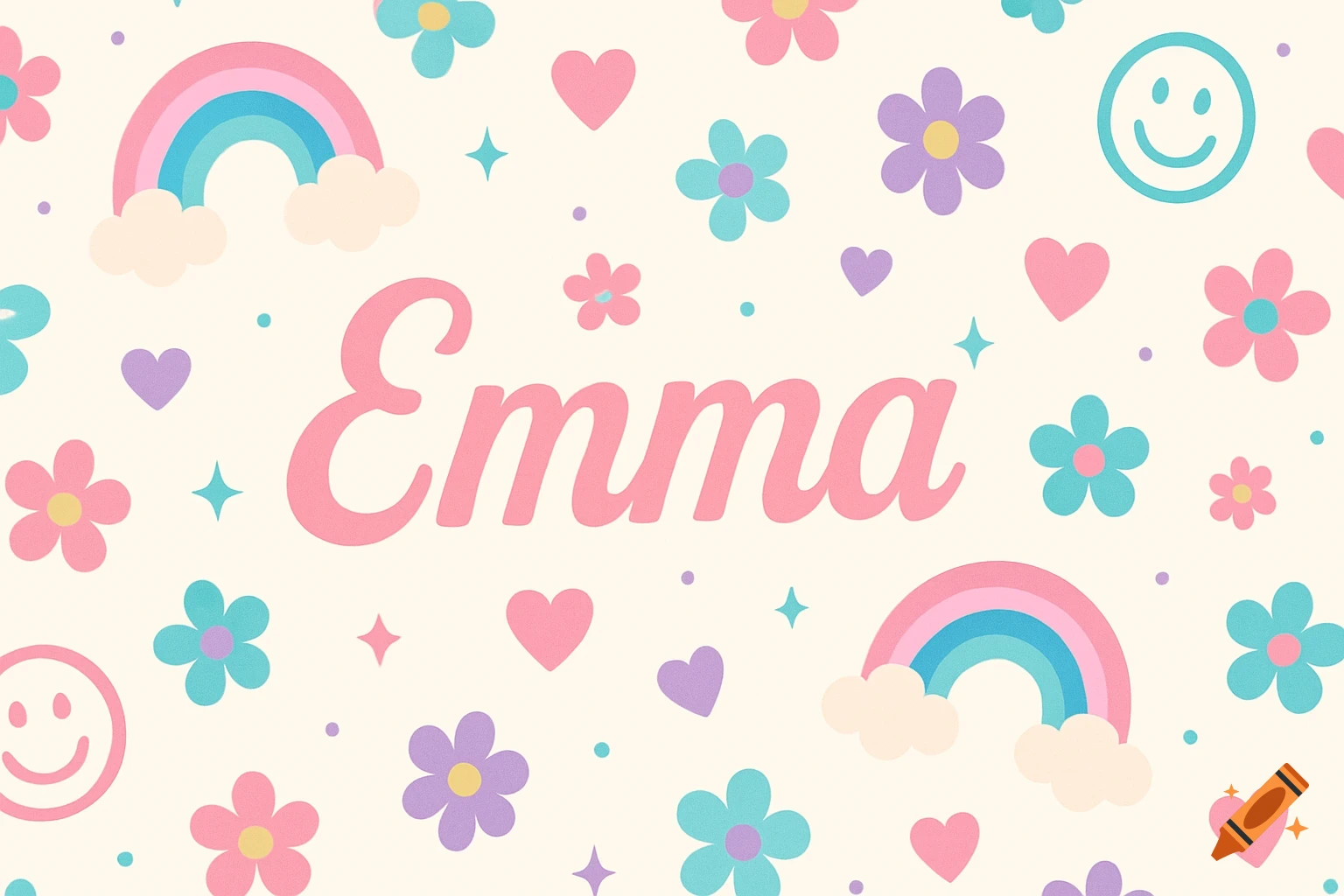 Cute pattern with the name Emma, rainbows, hearts, flowers, and smiley faces in pastel colors.