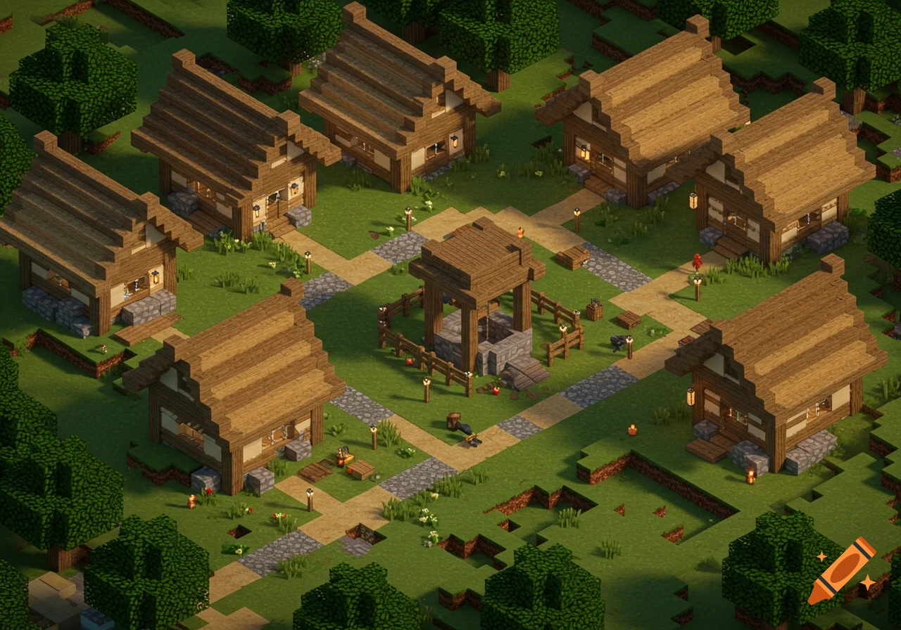 Isometric view of a Minecraft village with houses and a well.