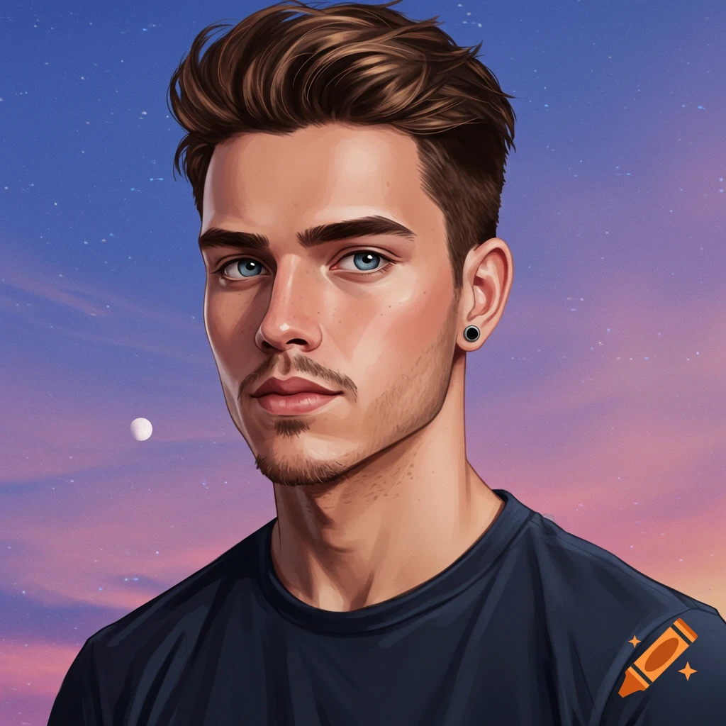 Illustrative portrait of a young man with blue eyes against a starry sky.