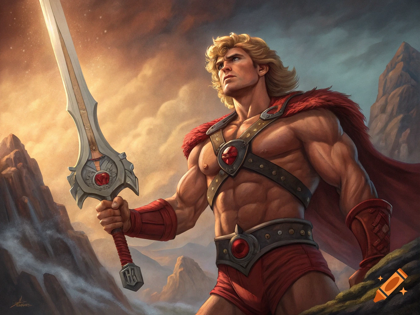 Muscular fantasy hero holding a sword aloft in a mountainous landscape.