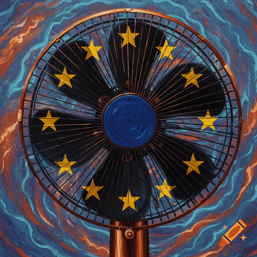 Electric fan with European Union stars on blades against a swirling background, painterly style.