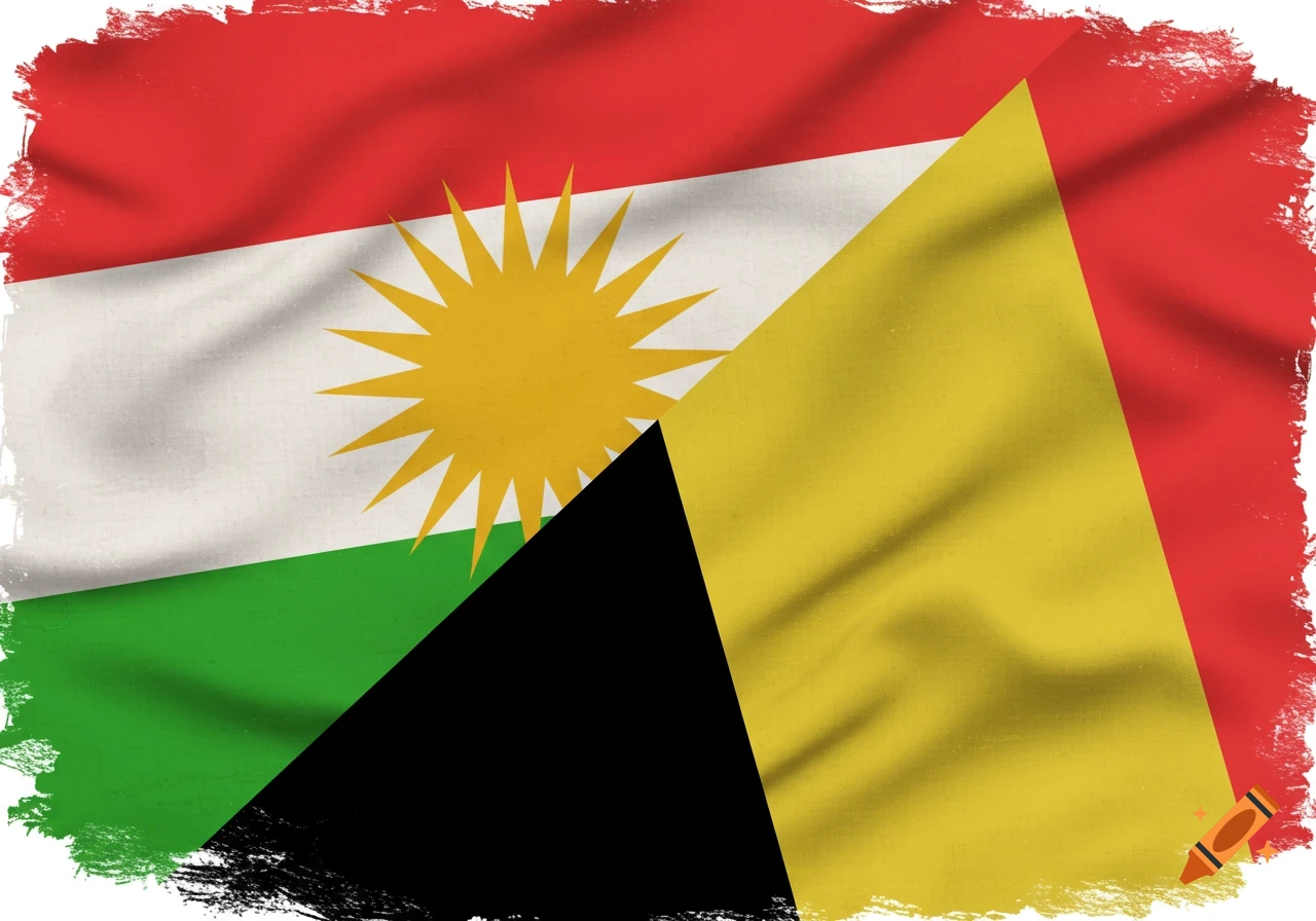 Combined Kurdish and Belgian flags with a textured, painted edge effect.