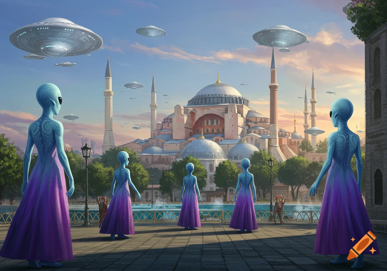 Blue aliens in long dresses stand before a large mosque with UFOs flying in the sky.