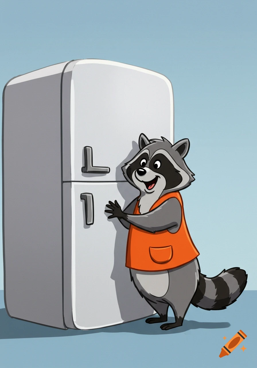 Cartoon raccoon leans against a white refrigerator.