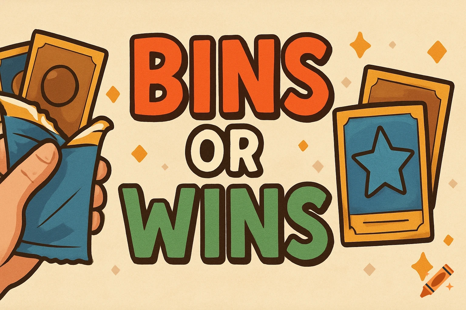 Cartoon illustration of a hand opening a trading card pack with text 'Bins or Wins'.