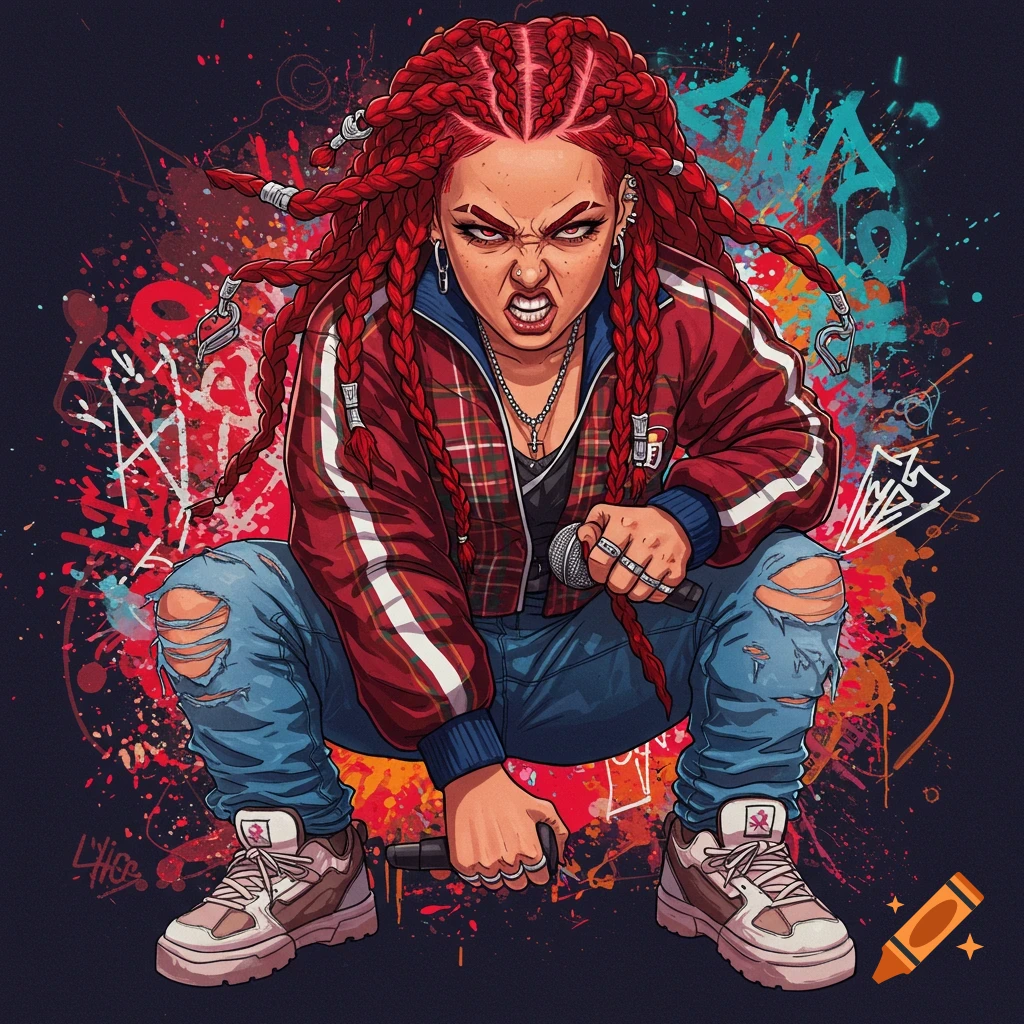 Angry female rapper with red braided hair squats, holding a microphone, against a vibrant graffiti background.