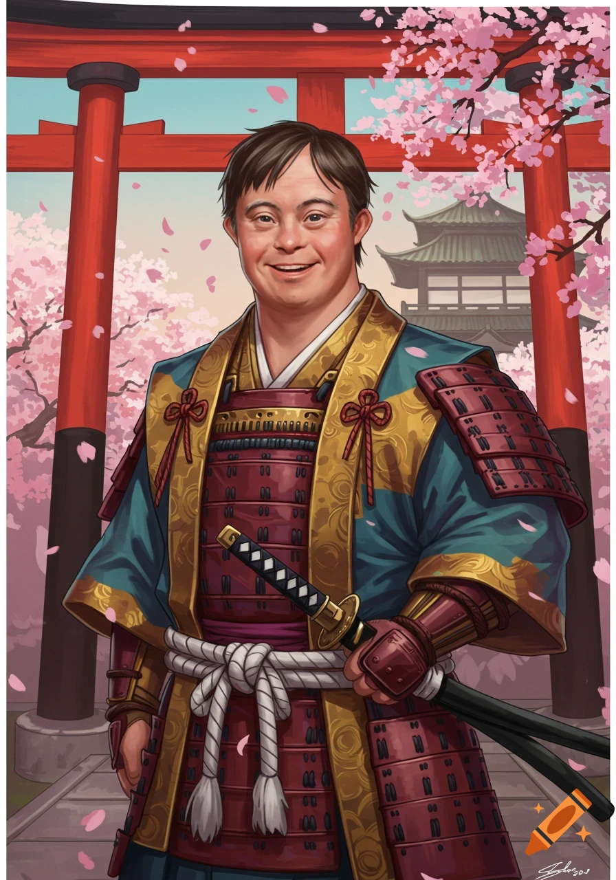 Smiling person with Down syndrome in samurai armor stands before red torii gates and cherry blossoms.