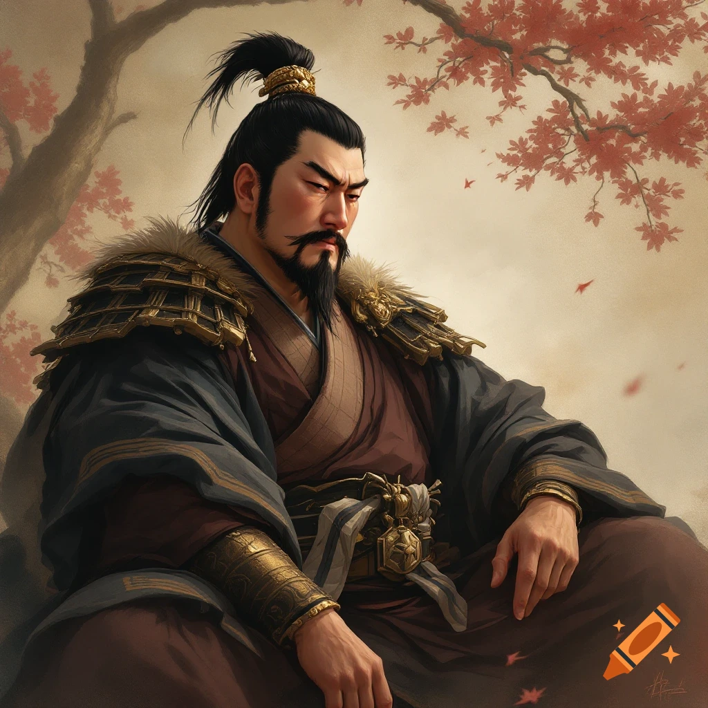 Historical figure in traditional East Asian attire sits under a tree with red leaves, painterly style.