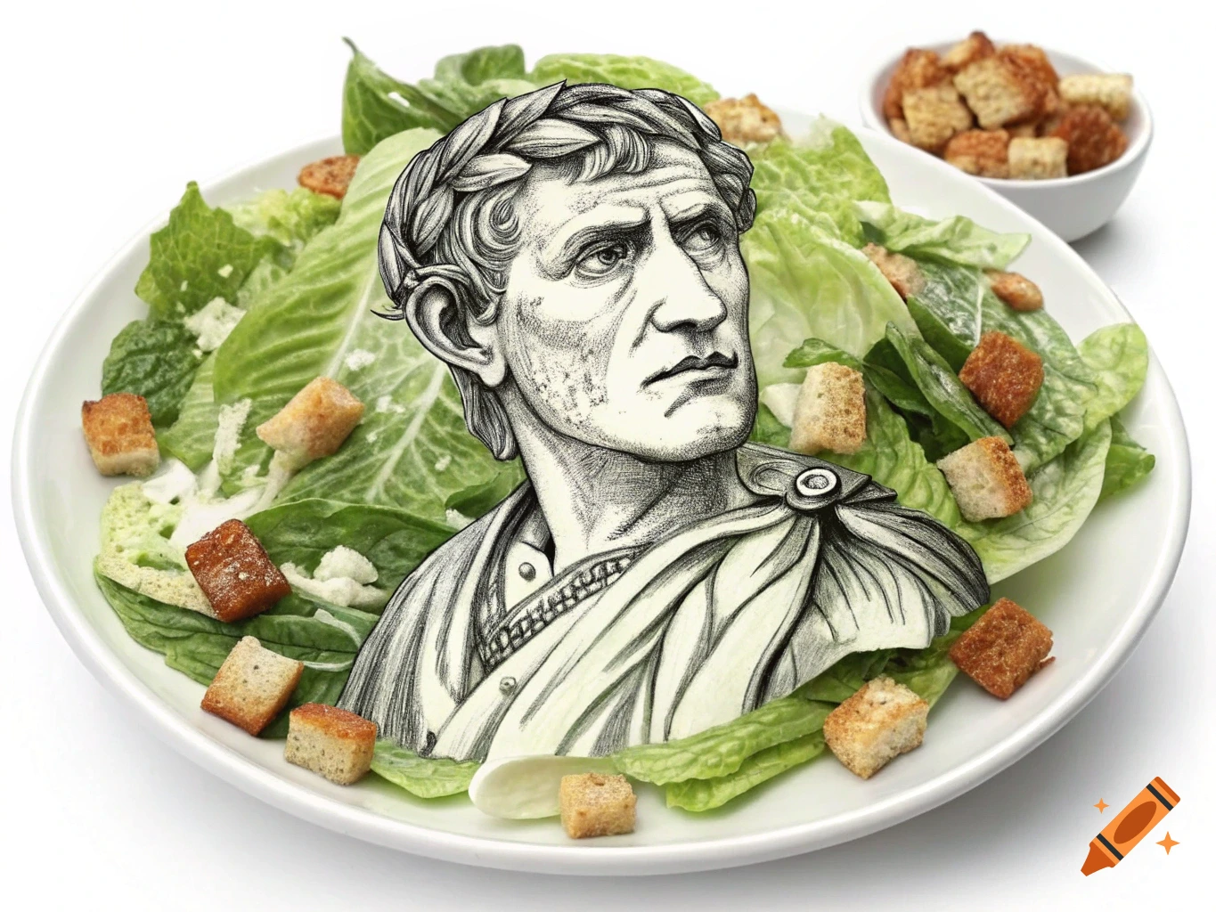 A Caesar salad with a detailed drawing of Julius Caesar's face integrated into the lettuce and croutons.
