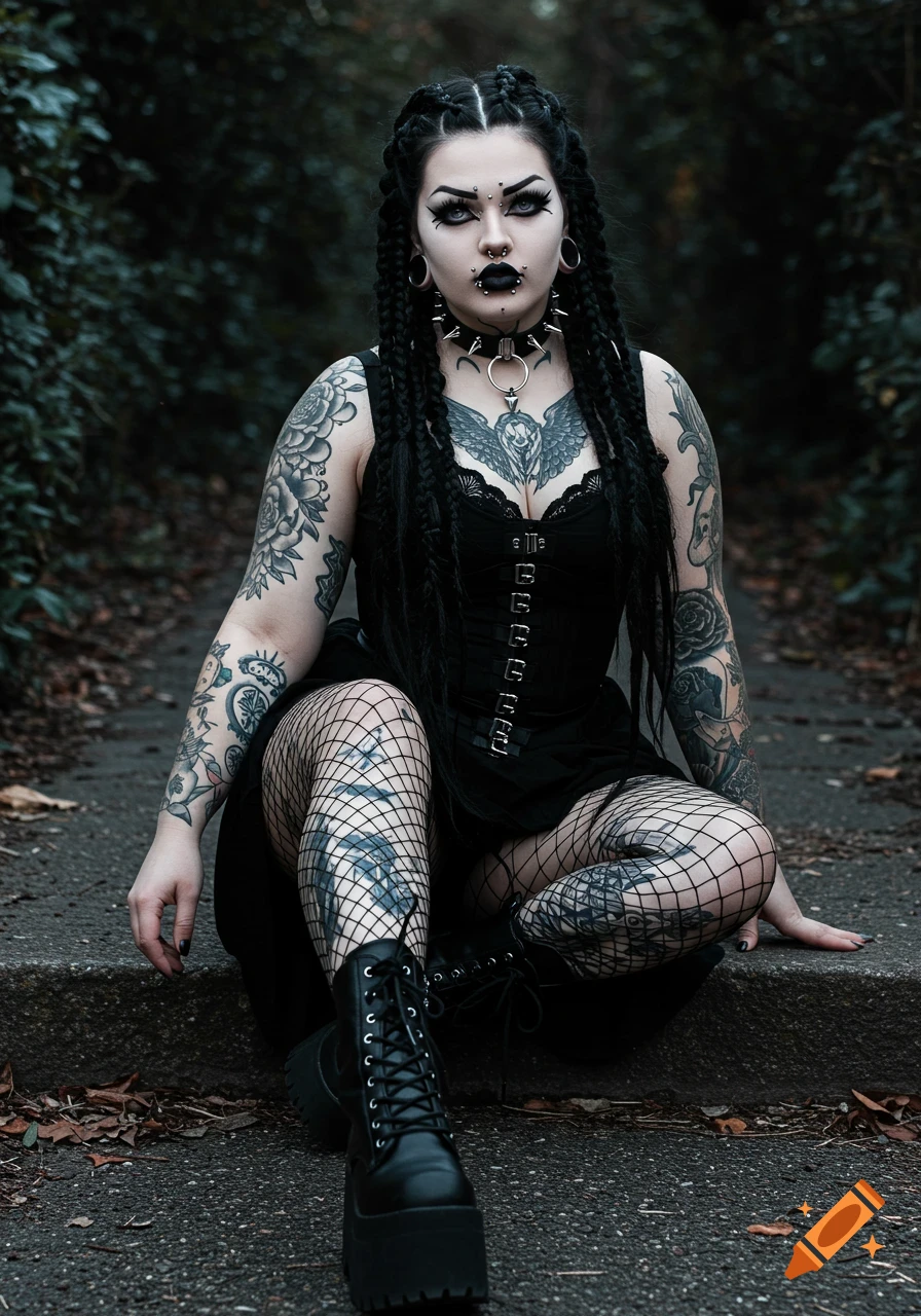 Goth woman with tattoos and piercings sits outdoors on a stone step, wearing a black dress and fishnet tights.