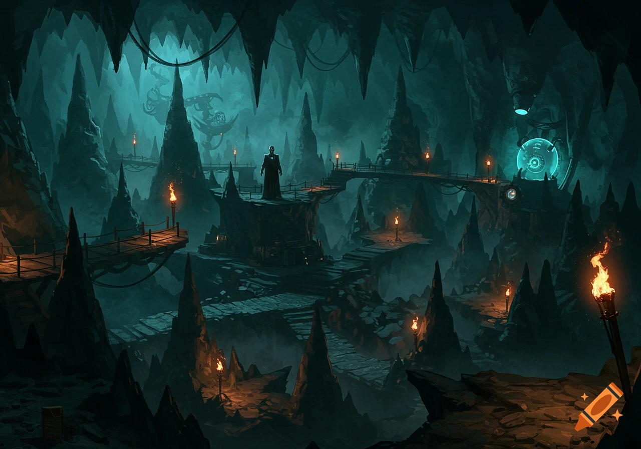 Dark, atmospheric fantasy cave with spiky rock formations, bridges ...