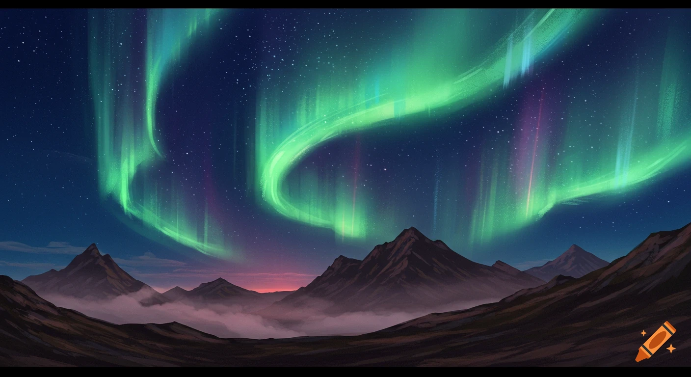 Green and purple aurora borealis illuminate a night sky over misty mountains.