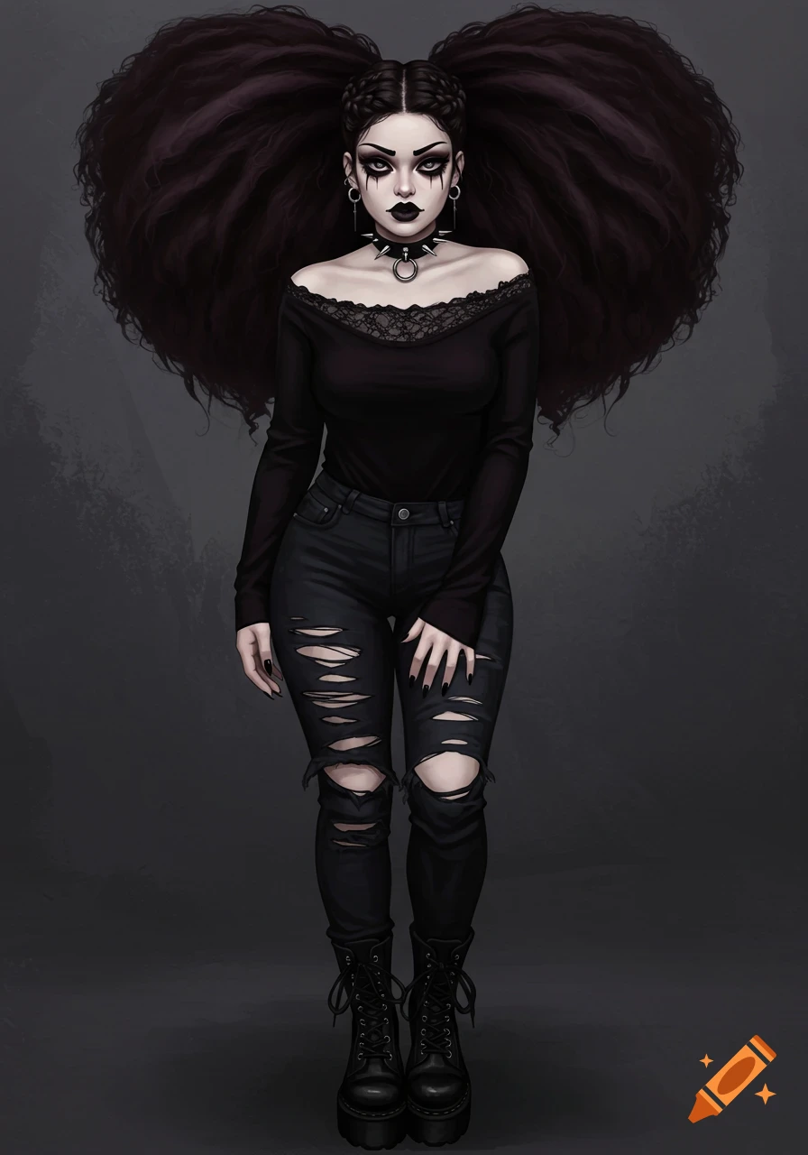 A full-body digital illustration of a goth girl with large curly hair, black makeup, a choker, black shirt, and ripped black jeans.
