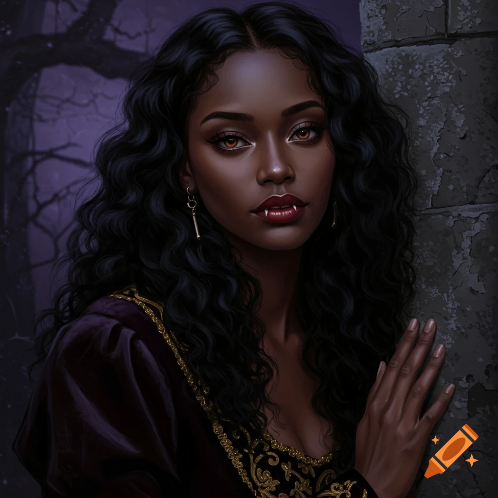 A portrait of a dark-skinned woman with fangs, dressed in dark fantasy attire, leaning against a stone wall.