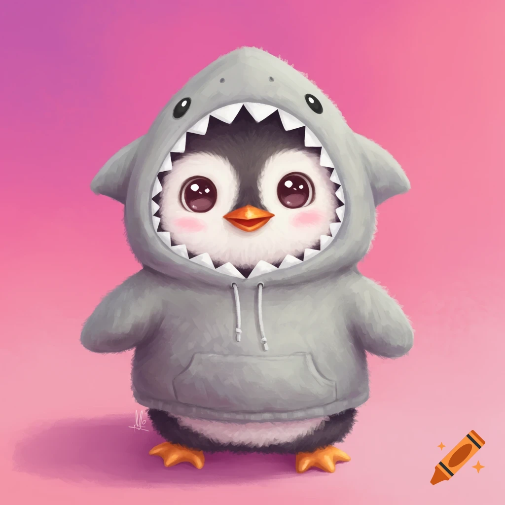 A cute illustration of a penguin wearing a gray shark hoodie.