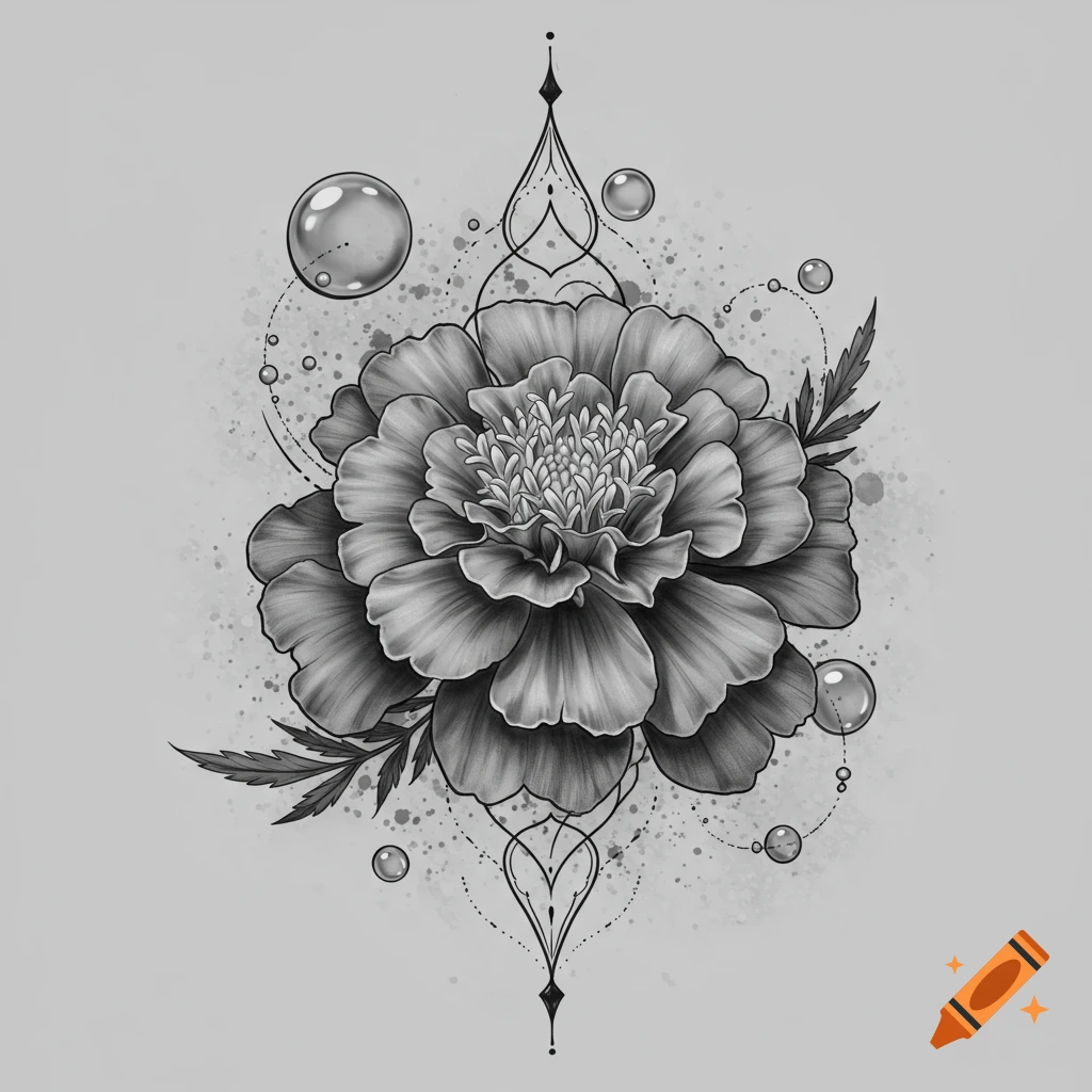 Black and white tattoo design of a detailed flower with bubbles and geometric elements.