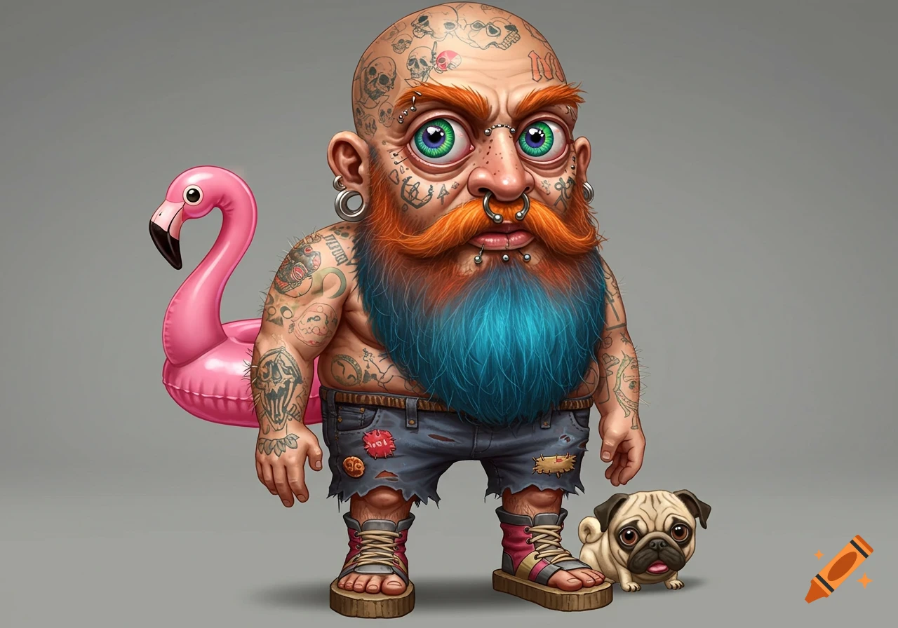 A cartoonish man with tattoos, piercings, and a multi-colored beard stands next to a pug and a pink flamingo floaty.