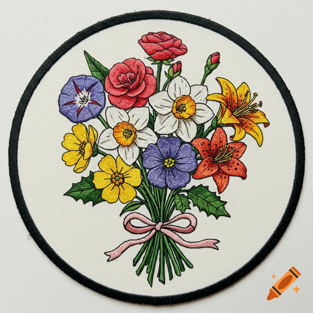 Circular embroidered patch featuring a colorful bouquet of flowers tied with a pink ribbon.