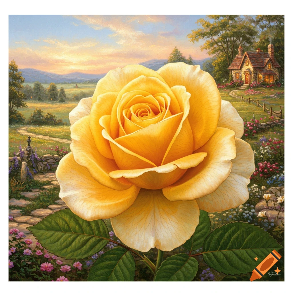 A large yellow rose is in the foreground with a charming cottage, path, fence, and landscape behind it, rendered in a painting style.