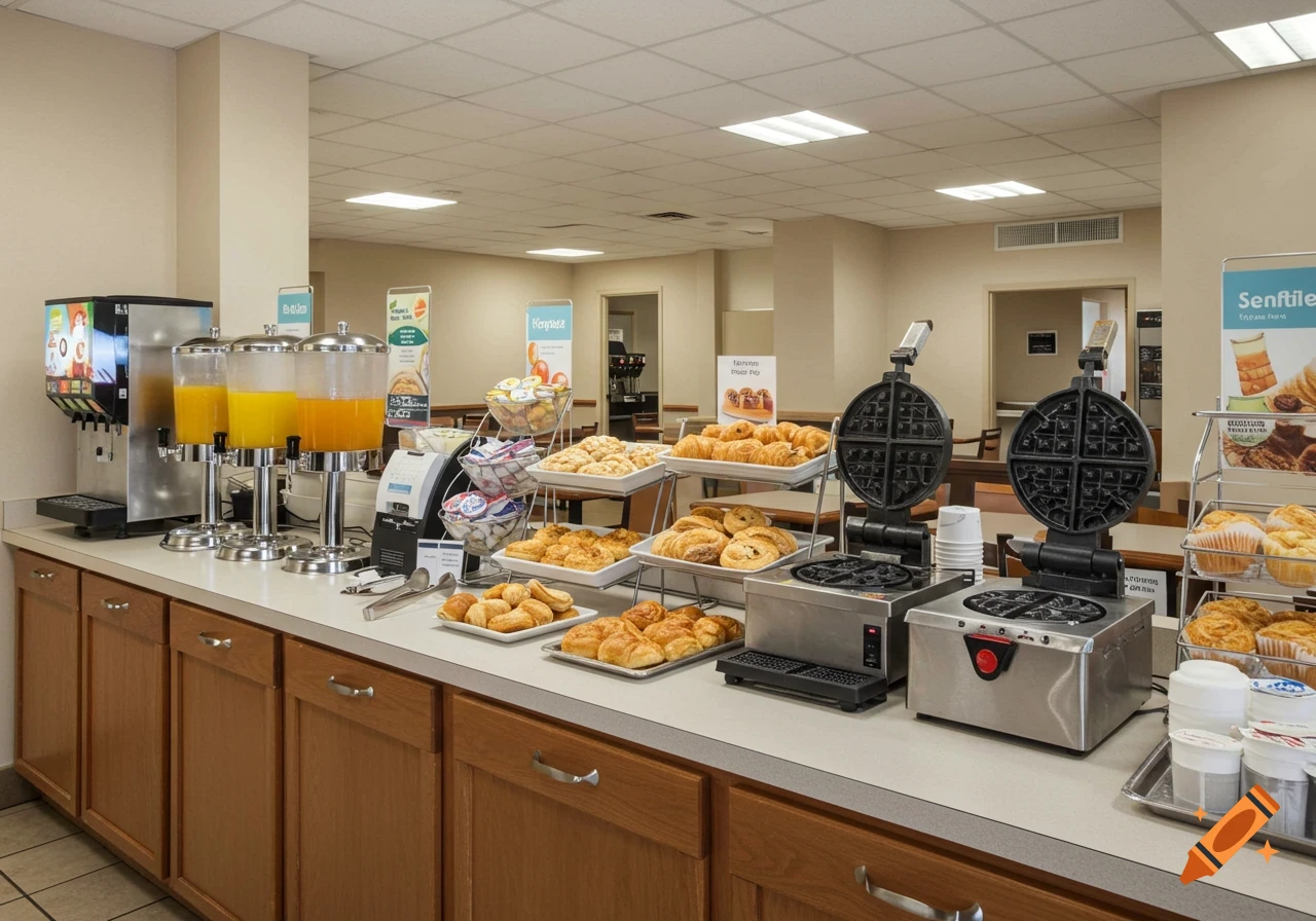 Continental breakfast counter in a hotel dining area with juice dispensers, pastry trays, muffins, and waffle makers.