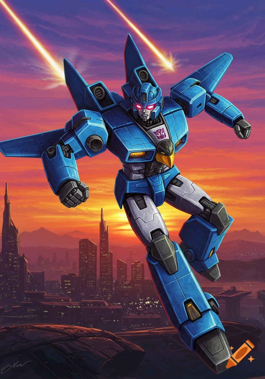 Blue robot Transformer flies over a city at sunset, with meteors streaking across the sky.