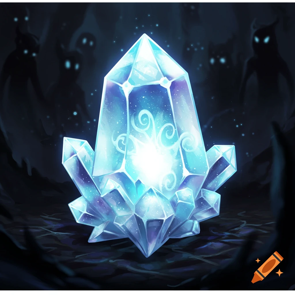 A large glowing blue crystal with smaller crystals at its base, surrounded by shadowy figures with glowing eyes in a dark setting.