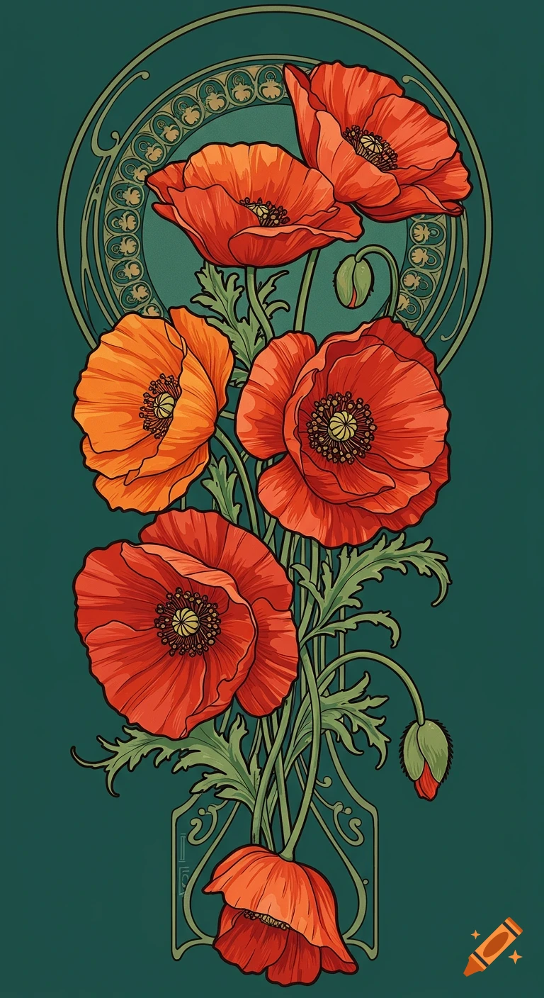 Art Nouveau illustration of red and orange poppies with decorative elements on a green background.